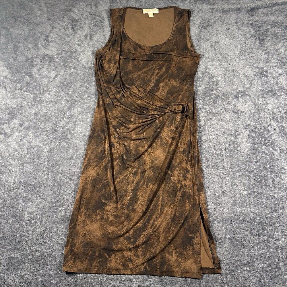 Michael Kors Drape Dress SzS Brown Black Sleeveless Animal Print Autumn Slit 80s